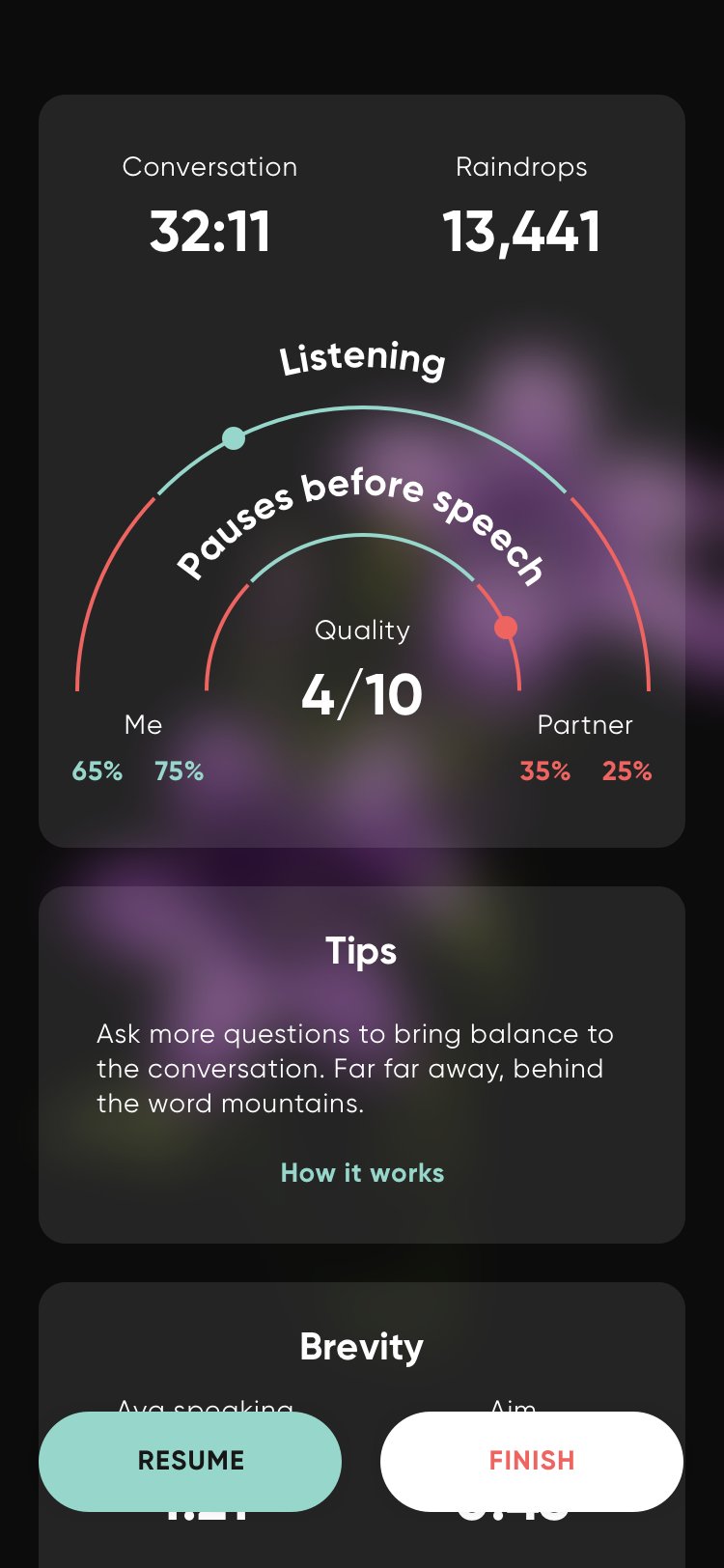 Conversation summary with listening, pauses and quality