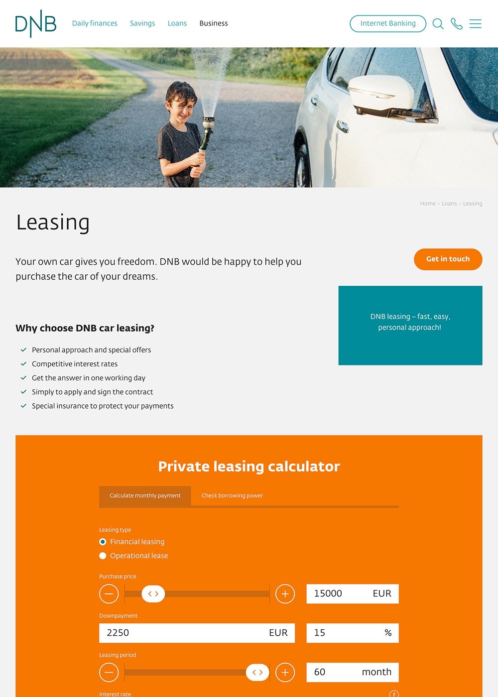 Product page with the car leasing calculator
