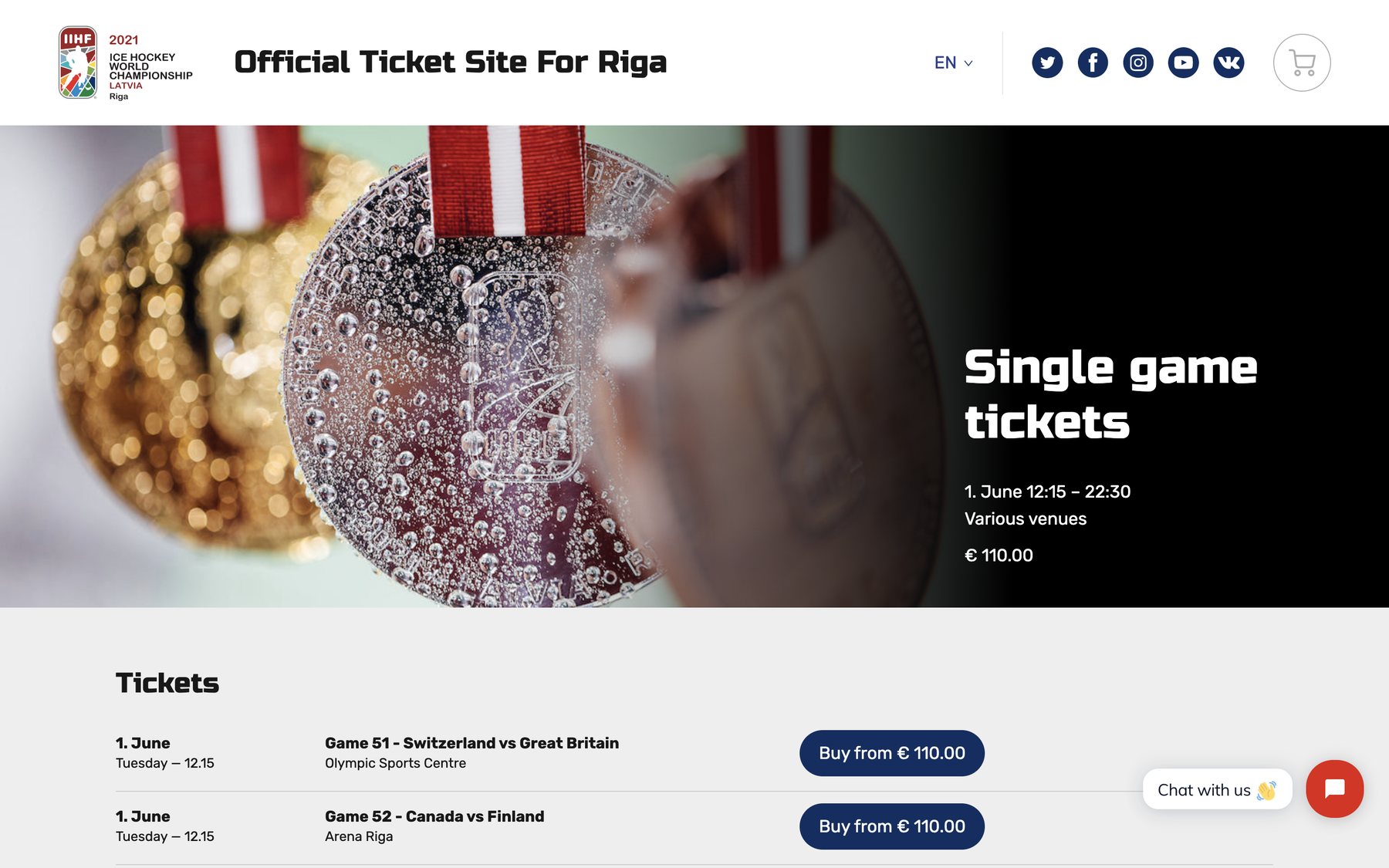 Ticket site for the 2021 IIHF World Championship in Riga, with single game tickets