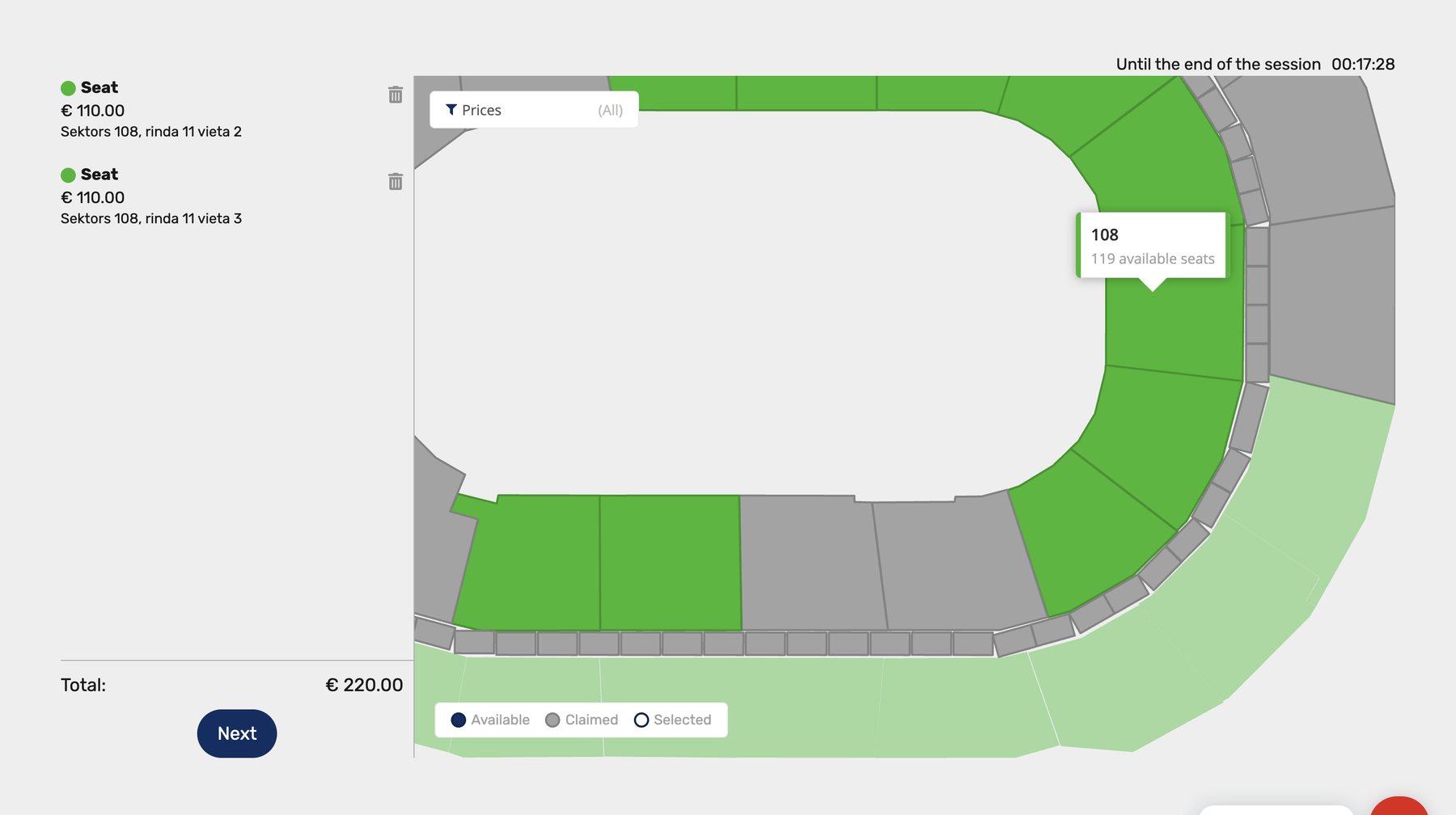 Seat selection on the arena map, with chosen seats, total and session timer
