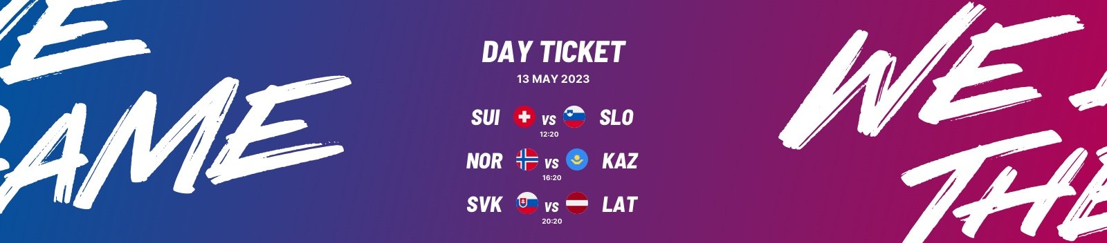 Day ticket banner with the date and three games, each with team flags