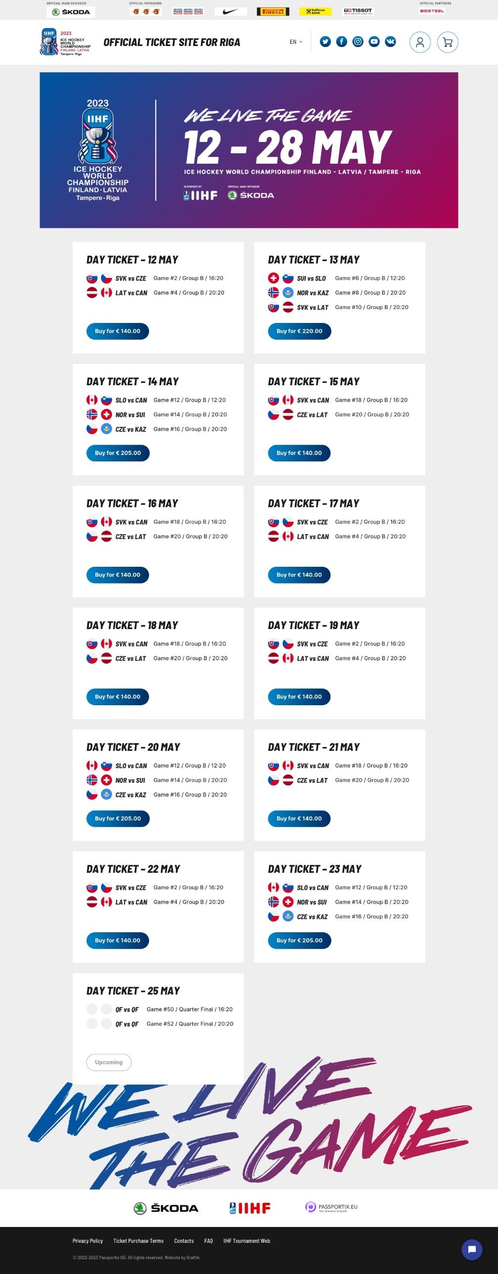 Day ticket overview with team flags next to each game