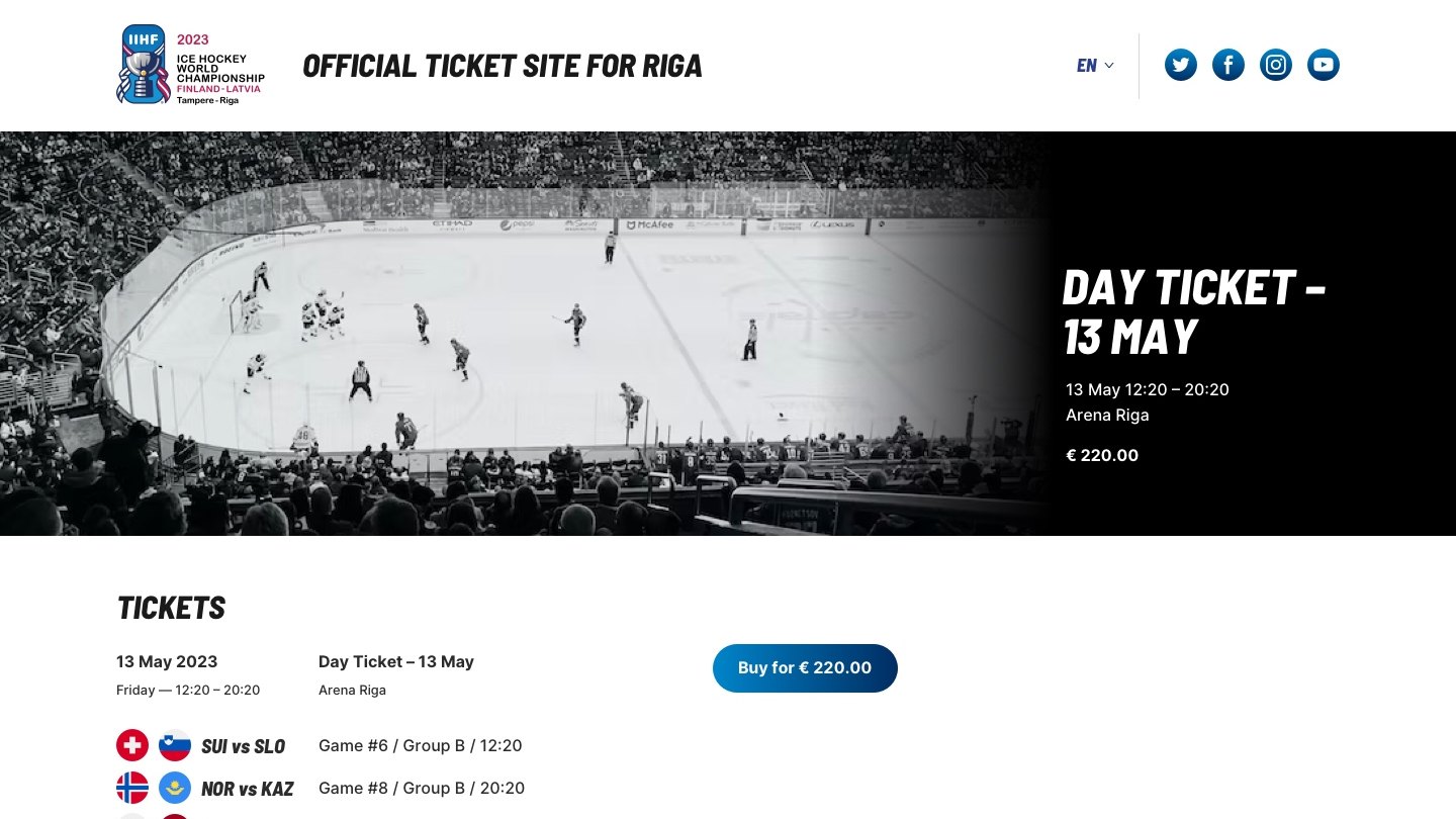 Riga ticket site for the 2023 IIHF World Championship: a day ticket with its three games