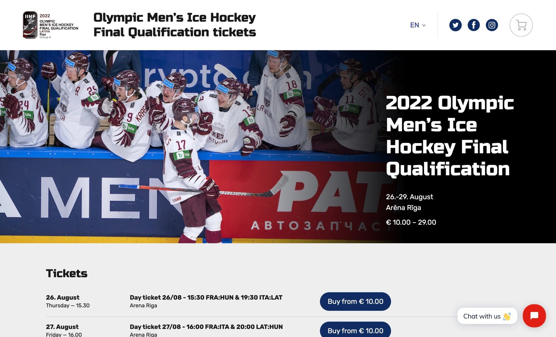 Ticket site for the 2022 Olympic men’s ice hockey final qualification in Riga, with day tickets
