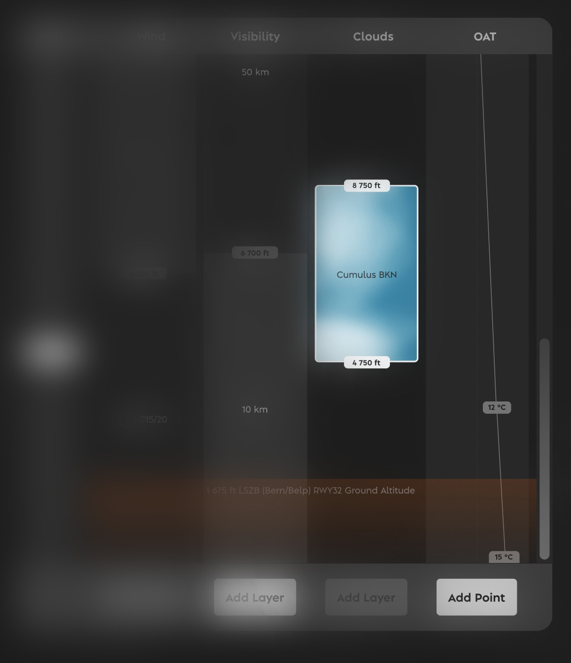 Weather page detail: outside air temperature as a curve by altitude