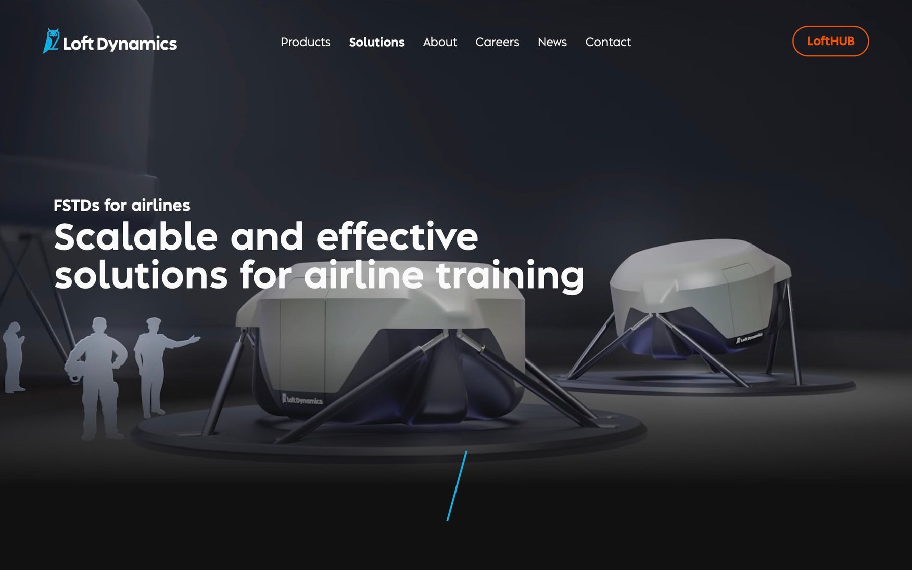 Solutions page for airlines with a 3D render of two simulators