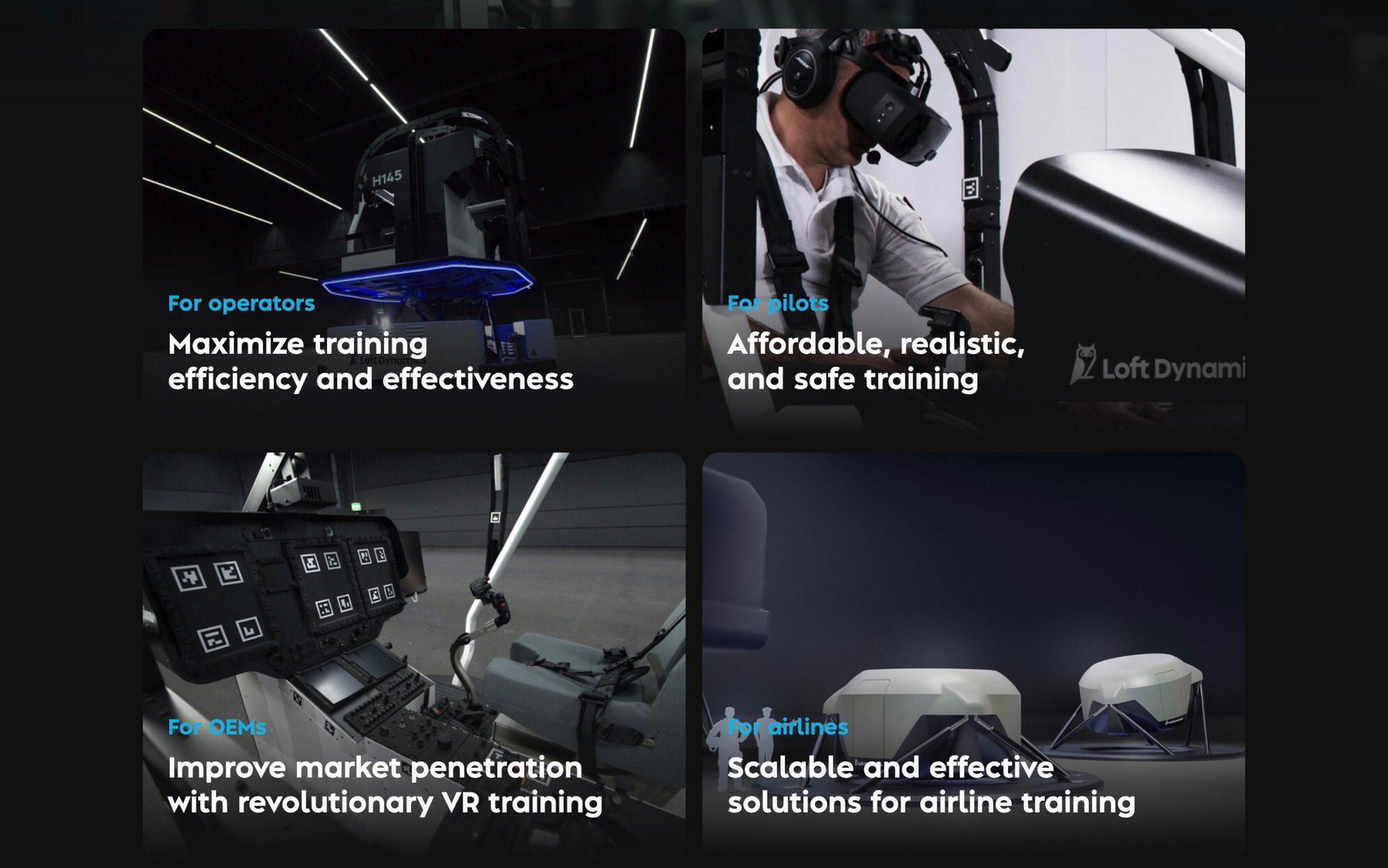 Four audience cards: for operators, pilots, OEMs and airlines