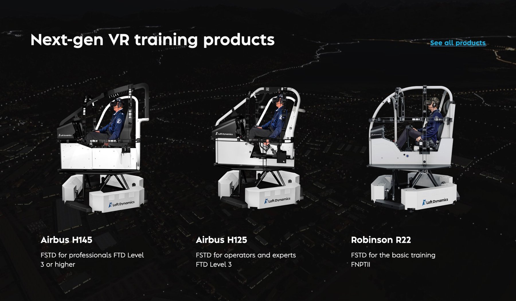 Products overview with the Airbus H145, Airbus H125 and Robinson R22 simulators