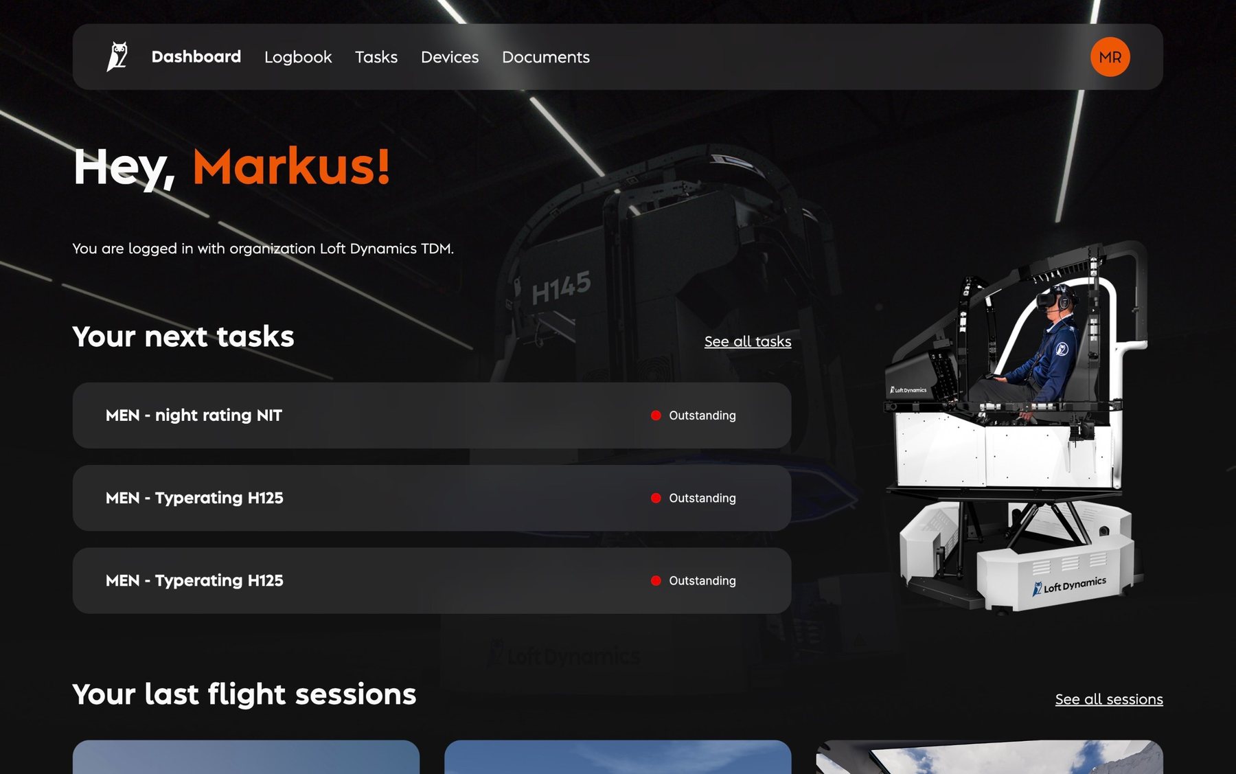 LoftHUB dashboard with the pilot’s next tasks and last flight sessions