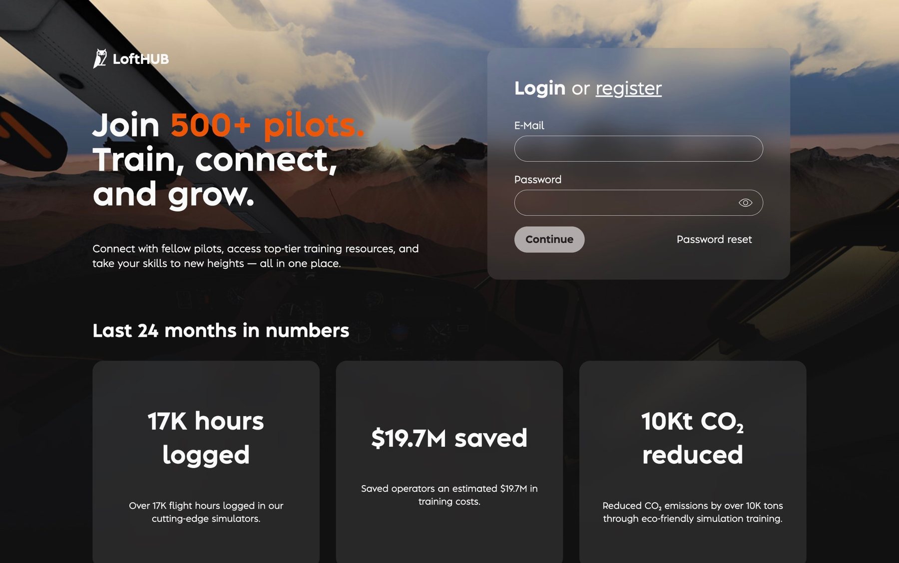 LoftHUB landing page with login and the simulators’ usage figures