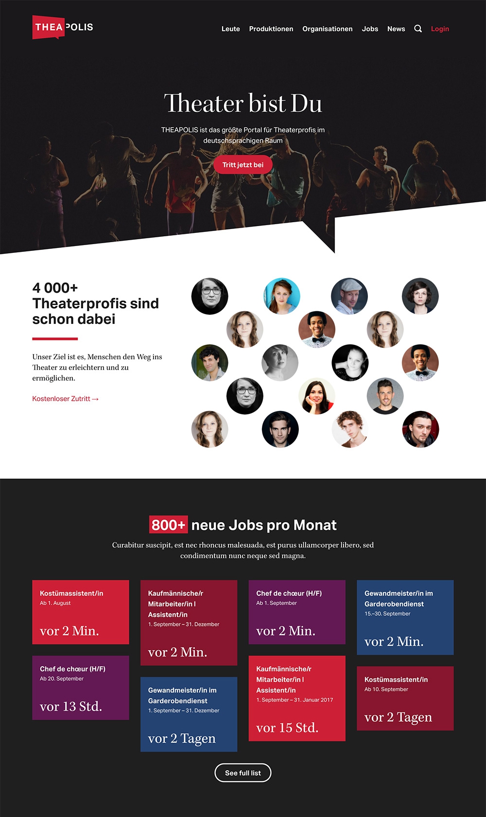 THEAPOLIS home page with the hero «Theater bist Du», member portraits and new jobs
